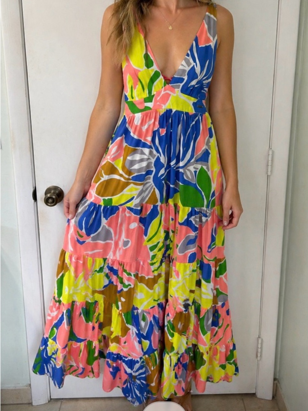 Maaji Multicolor Floral V-Neck Tiered Maxi Dress - Pink/Blue/Green/Yellow